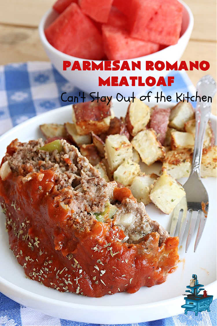 Parmesan Romano Meatloaf | Can't Stay Out of the Kitchen | this tasty #Italian-style #meatloaf uses grated #Parmesan & #Romano #cheese to bind together. It's a #healthy, delicious & #GlutenFree alternative to regular meatloaf. #PizzaSauce & #ItalianSeasoning on top causes this entree to pop in flavor. If you enjoy meatloaf, you'll love this version for weeknight dinners. #beef #GroundBeef #ParmesanRomanoMeatloaf