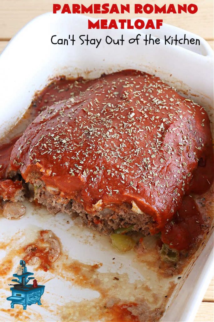 Parmesan Romano Meatloaf | Can't Stay Out of the Kitchen | this tasty #Italian-style #meatloaf uses grated #Parmesan & #Romano #cheese to bind together. It's a #healthy, delicious & #GlutenFree alternative to regular meatloaf. #PizzaSauce & #ItalianSeasoning on top causes this entree to pop in flavor. If you enjoy meatloaf, you'll love this version for weeknight dinners. #beef #GroundBeef #ParmesanRomanoMeatloaf