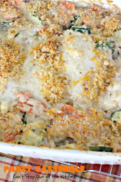 Party Casserole | Can't Stay Out of the Kitchen | this is a one-dish meal with #chicken, #carrots, #zucchini & pearl onions in a delicious creamy dill sauce with #Panko crumbs & #cheese on top. It's perfect for company & #holiday dinners like #MothersDay or #FathersDay.