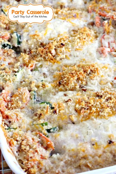 Party Casserole | Can't Stay Out of the Kitchen | this is a great #casserole for company! It has #chicken, #carrots, #Zucchini and #cocktailonions in a creamy dill sauce topped with a mixture of #Pankocrumbs, #cheese and #walnuts.