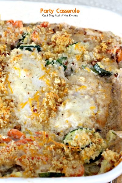 Party Casserole | Can't Stay Out of the Kitchen | this is a great #casserole for company! It has #chicken, #carrots, #Zucchini and #cocktailonions in a creamy dill sauce topped with a mixture of #Pankocrumbs, #cheese and #walnuts.