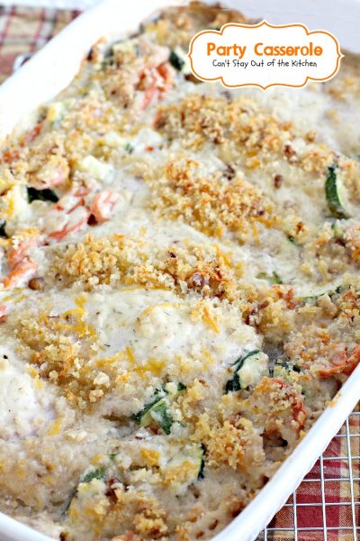 Party Casserole | Can't Stay Out of the Kitchen | this is a great #casserole for company! It has #chicken, #carrots, #Zucchini and #cocktailonions in a creamy dill sauce topped with a mixture of #Pankocrumbs, #cheese and #walnuts.
