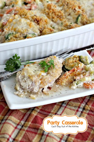 Party Casserole | Can't Stay Out of the Kitchen | this is a great #casserole for company! It has #chicken, #carrots, #Zucchini and #cocktailonions in a creamy dill sauce topped with a mixture of #Pankocrumbs, #cheese and #walnuts.