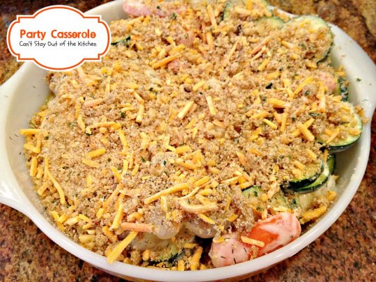 Party Casserole | Can't Stay Out of the Kitchen | this delicious #casserole contains #chicken, #zucchini and #carrots in a wonderful cream sauce and it's topped with bread crumbs and #cheese. Great for company.