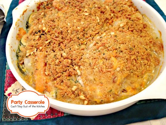 Party Casserole | Can't Stay Out of the Kitchen | this delicious #casserole contains #chicken, #zucchini and #carrots in a wonderful cream sauce and it's topped with bread crumbs and #cheese. Great for company.