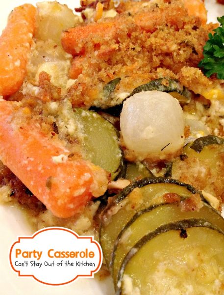 Party Casserole | Can't Stay Out of the Kitchen | this delicious #casserole contains #chicken, #zucchini and #carrots in a wonderful cream sauce and it's topped with bread crumbs and #cheese. Great for company.