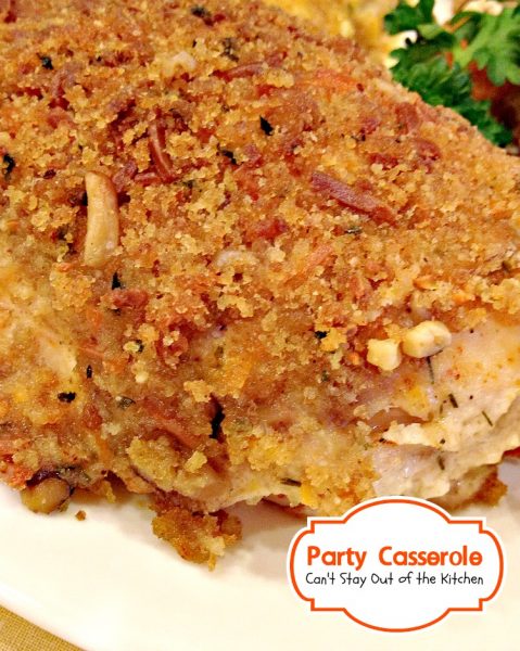 Party Casserole | Can't Stay Out of the Kitchen | this delicious #casserole contains #chicken, #zucchini and #carrots in a wonderful cream sauce and it's topped with bread crumbs and #cheese. Great for company.