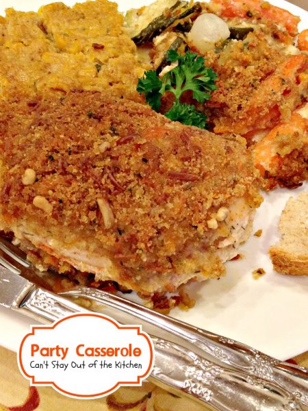 Party Casserole | Can't Stay Out of the Kitchen | this delicious #casserole contains #chicken, #zucchini and #carrots in a wonderful cream sauce and it's topped with bread crumbs and #cheese. Great for company.