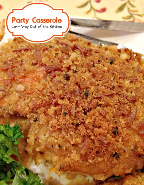 Party Casserole | Can't Stay Out of the Kitchen | this delicious #casserole contains #chicken, #zucchini and #carrots in a wonderful cream sauce and it's topped with bread crumbs and #cheese. Great for company.