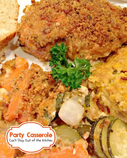 Party Casserole | Can't Stay Out of the Kitchen | this delicious #casserole contains #chicken, #zucchini and #carrots in a wonderful cream sauce and it's topped with bread crumbs and #cheese. Great for company.