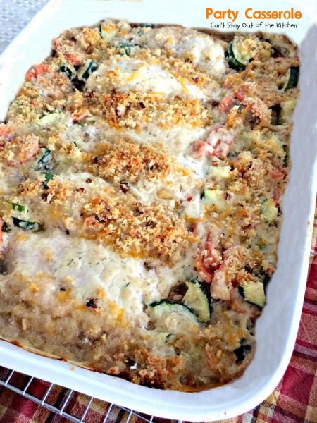 Party Casserole | Can't Stay Out of the Kitchen | this is a great #casserole for company! It has #chicken, #carrots, #Zucchini and #cocktailonions in a creamy dill sauce topped with a mixture of #Pankocrumbs, #cheese and #walnuts.