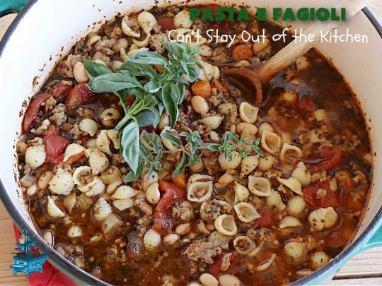 Pasta E Fagioli | Can't Stay Out of the Kitchen | this dynamite #recipe for #PastaEFagioli can't be beat. It's easy to whip up so it's perfect for weeknight dinners. If you enjoy a bowl of hot #soup on cool, fall nights, this one sure hits the spot. #pasta #pork #SeaShellPasta #ItalianSausage #GreatNorthernBeans #tomatoes #FallRecipes