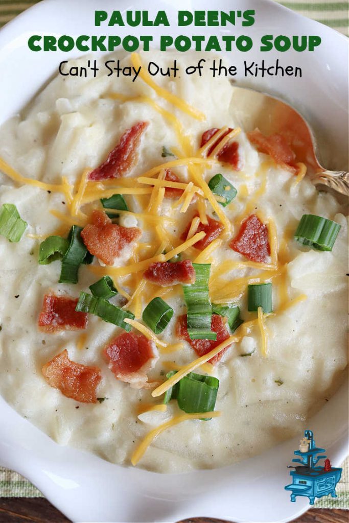 Paula Deen's Crockpot Potato Soup | Can't Stay Out of the Kitchen | this amazing #PotatoSoup #recipe uses frozen #HashBrowns, #CreamCheese & #CreamOfChickenSoup. It's topped off with #bacon, #CheddarCheese & #GreenOnions for amped-up flavor. Since it's made in the #SlowCooker, it's easy peasy too! Great for #tailgating. #soup #PaulaDeen #PaulaDeensCrockpotPotatoSoup