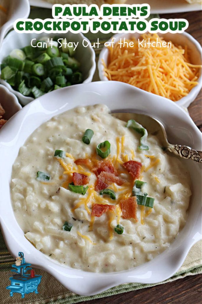 Paula Deen's Crockpot Potato Soup | Can't Stay Out of the Kitchen | this amazing #PotatoSoup #recipe uses frozen #HashBrowns, #CreamCheese & #CreamOfChickenSoup. It's topped off with #bacon, #CheddarCheese & #GreenOnions for amped-up flavor. Since it's made in the #SlowCooker, it's easy peasy too! Great for #tailgating. #soup #PaulaDeen #PaulaDeensCrockpotPotatoSoupPaula Deen's Crockpot Potato Soup | Can't Stay Out of the Kitchen | this amazing #PotatoSoup #recipe uses frozen #HashBrowns, #CreamCheese & #CreamOfChickenSoup. It's topped off with #bacon, #CheddarCheese & #GreenOnions for amped-up flavor. Since it's made in the #SlowCooker, it's easy peasy too! Great for #tailgating. #soup #PaulaDeen #PaulaDeensCrockpotPotatoSoup