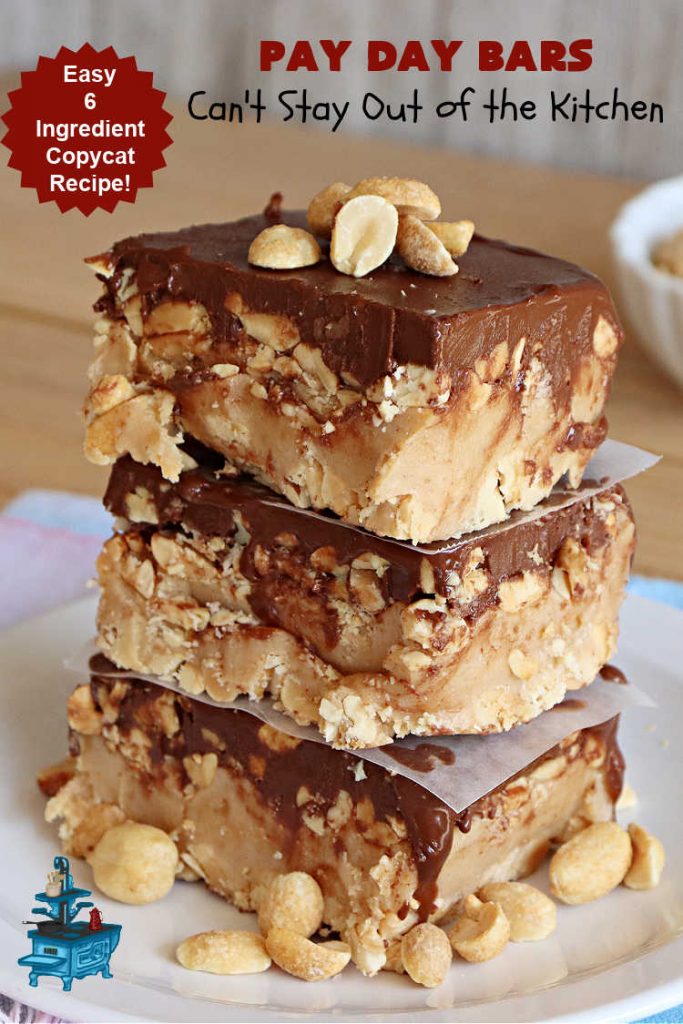 Pay Day Bars | Can't Stay Out of the Kitchen | this vintage #copycat #recipe of #PayDayBars is sure to please. It's rich, decadent & divine along with being chocked full of #peanuts #marshmallows #PeanutButterChips & glazed with a #Chocolate shell topping. Mouthwatering & irresistible. #dessert #ChocolateDessert #tailgating #GlutenFree