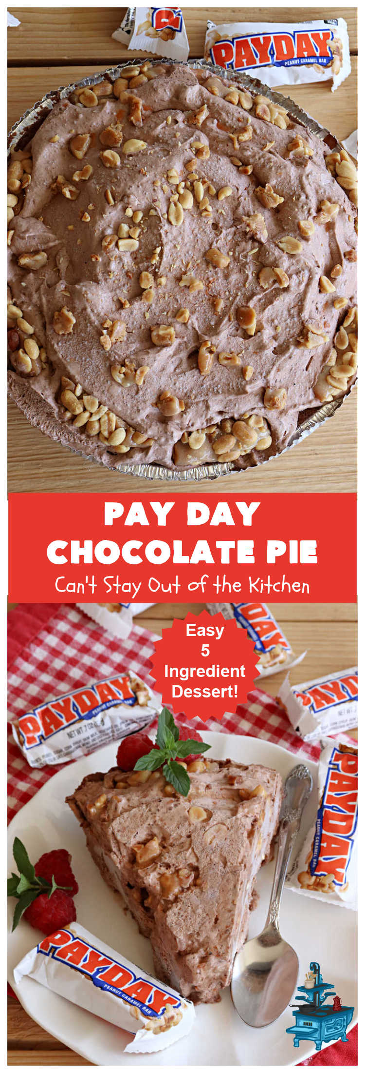 Pay Day Chocolate Pie | Can't Stay Out of the Kitchen |  this swoon-worthy #ChocolatePie uses only 5 ingredients including #PayDayBars. Wonderful for #holiday or company dinners & so easy to make. #peanuts #pie #dessert #HolidayDessert #PayDayChocolatePie