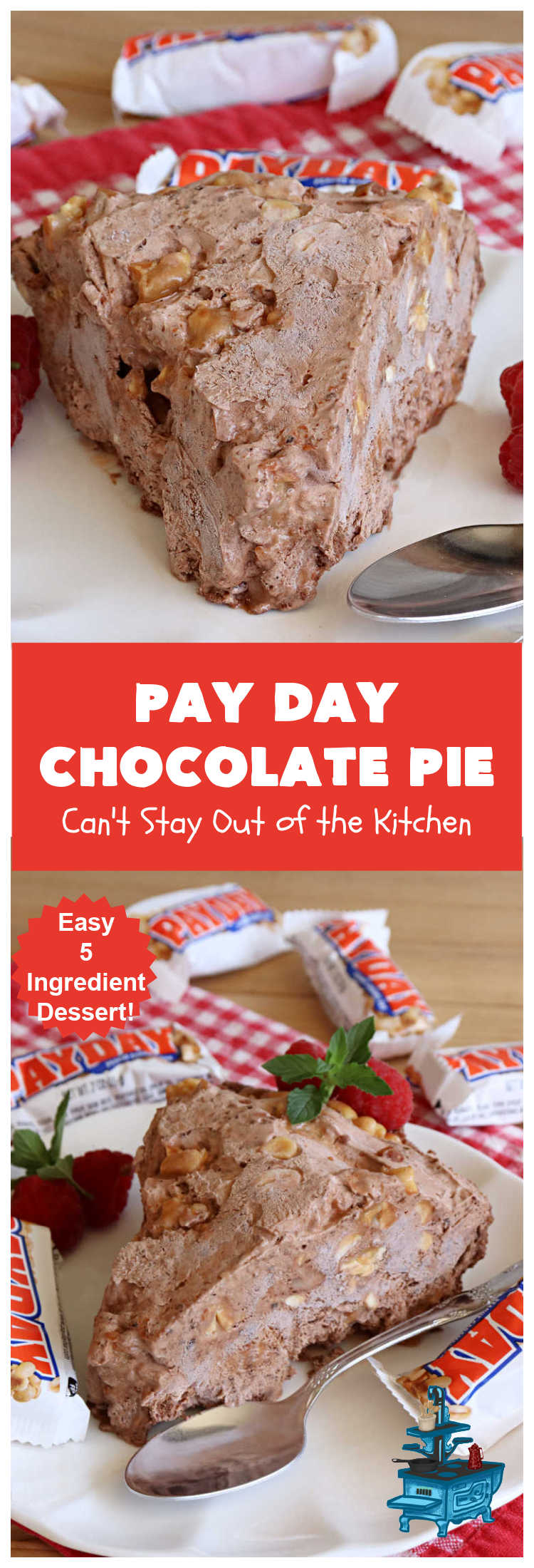 Pay Day Chocolate Pie | Can't Stay Out of the Kitchen | this swoon-worthy #ChocolatePie uses only 5 ingredients including #PayDayBars. Wonderful for #holiday or company dinners & so easy to make. #peanuts #pie #dessert #HolidayDessert #PayDayChocolatePie