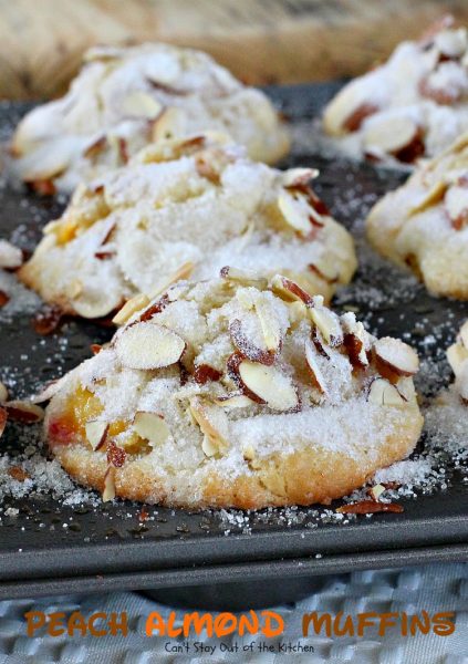 Peach Almond Muffins | Can't Stay Out of the Kitchen | these moist and delicious #muffins are filled with #peaches and have double the #almond flavor. Great for #breakfast or as a snack.