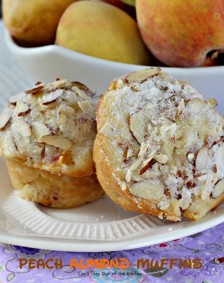 Peach Almond Muffins | Can't Stay Out of the Kitchen | these moist and delicious #muffins are filled with #peaches and have double the #almond flavor. Great for #breakfast or as a snack.