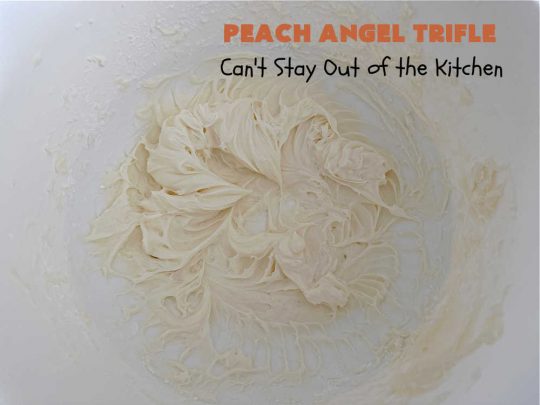 Peach Angel Trifle | Can't Stay Out of the Kitchen | this amazing #5IngredientDessert will just knock your socks off! Each time I make it, everyone just raves and drools over it! It uses #PeachPieFilling, #AngelFoodCake, #CreamCheese & #CoolWhip. If you need a #dessert to wow your family & friends, this is it! #peaches #PeachDessert #PeachAngelDessert #PeachAngelTrifle