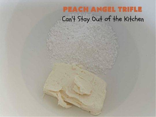 Peach Angel Trifle | Can't Stay Out of the Kitchen | this amazing #5IngredientDessert will just knock your socks off! Each time I make it, everyone just raves and drools over it! It uses #PeachPieFilling, #AngelFoodCake, #CreamCheese & #CoolWhip. If you need a #dessert to wow your family & friends, this is it! #peaches #PeachDessert #PeachAngelDessert #PeachAngelTrifle