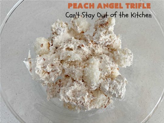 Peach Angel Trifle | Can't Stay Out of the Kitchen | this amazing #5IngredientDessert will just knock your socks off! Each time I make it, everyone just raves and drools over it! It uses #PeachPieFilling, #AngelFoodCake, #CreamCheese & #CoolWhip. If you need a #dessert to wow your family & friends, this is it! #peaches #PeachDessert #PeachAngelDessert #PeachAngelTrifle