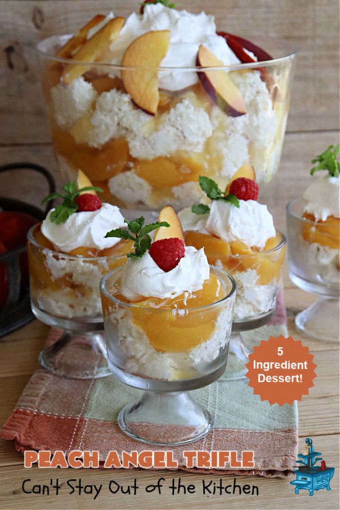 Peach Angel Trifle | Can't Stay Out of the Kitchen | this amazing #5IngredientDessert will just knock your socks off! Each time I make it, everyone just raves and drools over it! It uses #PeachPieFilling, #AngelFoodCake, #CreamCheese & #CoolWhip. If you need a #dessert to wow your family & friends, this is it! #peaches #PeachDessert #PeachAngelDessert #PeachAngelTrifle