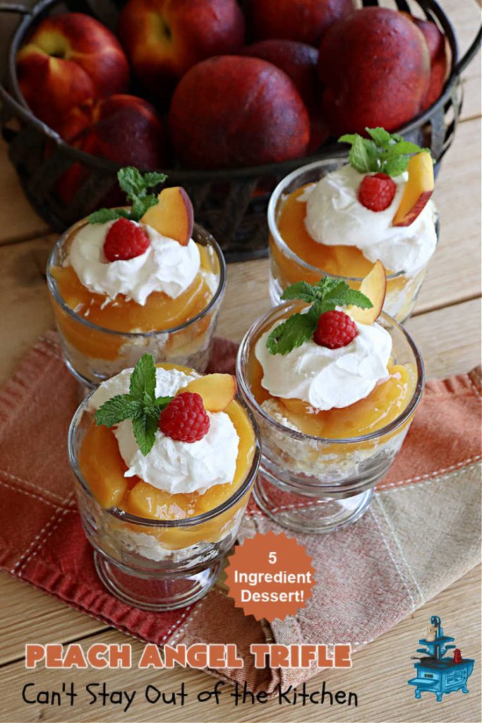 Peach Angel Trifle | Can't Stay Out of the Kitchen | this amazing #5IngredientDessert will just knock your socks off! Each time I make it, everyone just raves and drools over it! It uses #PeachPieFilling, #AngelFoodCake, #CreamCheese & #CoolWhip. If you need a #dessert to wow your family & friends, this is it! #peaches #PeachDessert #PeachAngelDessert #PeachAngelTrifle