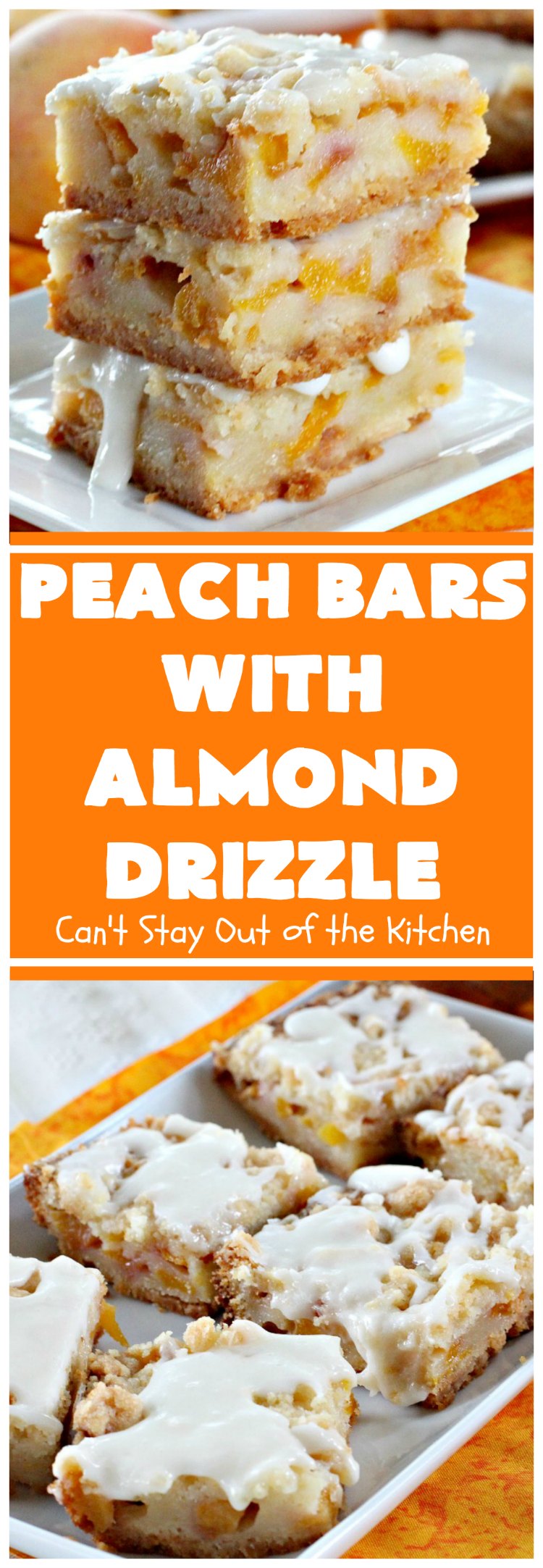 Peach Bars with Almond Drizzle | Can't Stay Out of the Kitchen | this heavenly #dessert uses fresh #peaches, has a streusel topping & glazed with #almond icing. Perfect #dessert for #LaborDay or other summer holidays. 