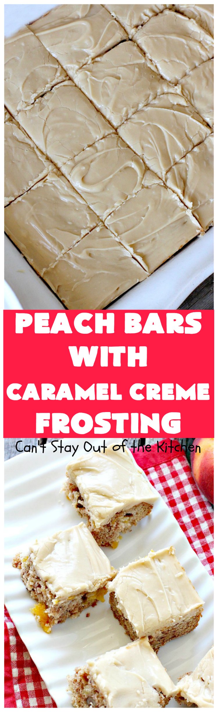 Peach Bars with Caramel Creme Frosting | Can't Stay Out of the Kitchen | this amazing #dessert has a luscious #caramel #marshmallow frosting to die for! It's the perfect #peach dessert for summer.