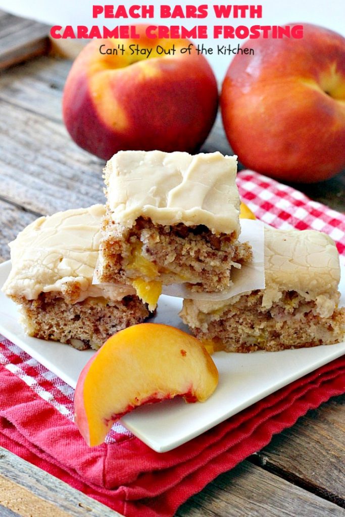 Peach Bars with Caramel Creme Frosting | Can't Stay Out of the Kitchen | this amazing #dessert has a luscious #caramel #marshmallow frosting to die for! It's the perfect #peach dessert for summer.