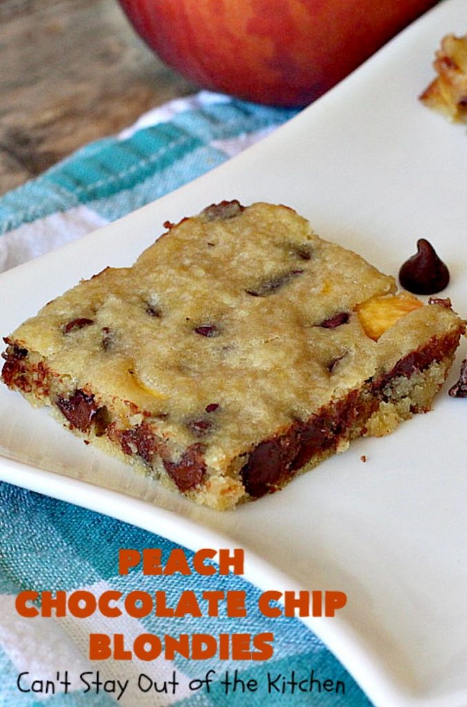Peach Chocolate Chip Blondies | Can't Stay Out of the Kitchen | #peaches & #chocolatechips never tasted so well as they do in these amazing #cookies. This delicious #peachdessert will have you drooling after the first bite! #dessert #brownies #CANbassador #WashingtonStateFruitCommission #WashingtonState#stoneFruitGrowers