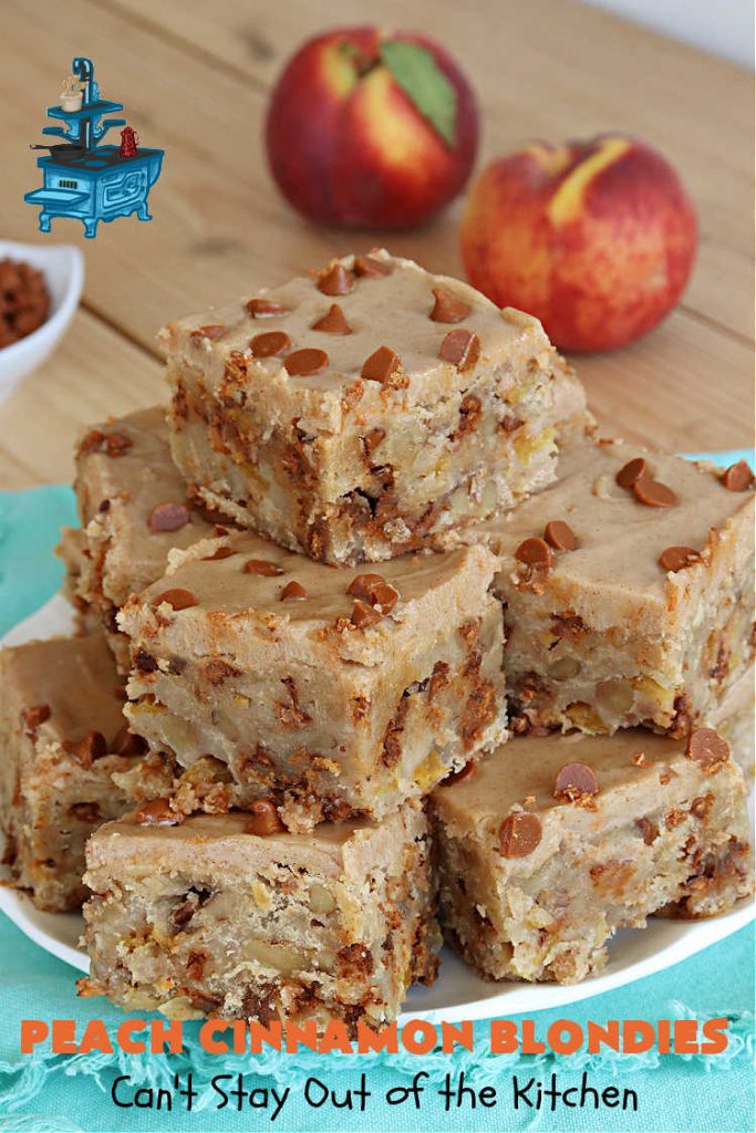 Peach Cinnamon Blondies | Can't Stay Out of the Kitchen | these rich, decadent #blondies will have you drooling from the first bite! They're made with fresh #peaches, #walnuts, #cinnamon & #CinnamonChips. These #cookies contain browned butter in the bar and the icing so they're incredibly delicious. Terrific for #tailgating, potlucks or backyard BBQs. #dessert #PeachDessert #PeachCinnamonBlondies