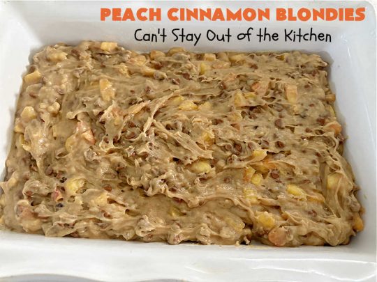 Peach Cinnamon Blondies | Can't Stay Out of the Kitchen | these rich, decadent #blondies will have you drooling from the first bite! They're made with fresh #peaches, #walnuts, #cinnamon & #CinnamonChips. These #cookies contain browned butter in the bar and the icing so they're incredibly delicious. Terrific for #tailgating, potlucks or backyard BBQs. #dessert #PeachDessert #PeachCinnamonBlondies