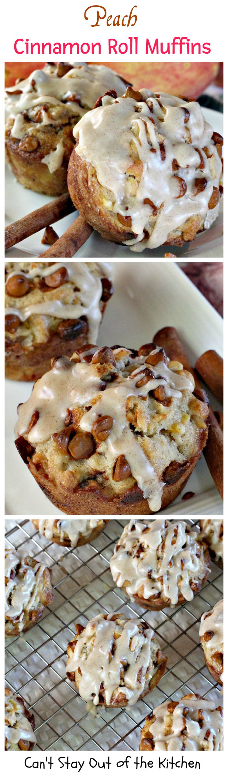 Peach Cinnamon Roll Muffins | Can't Stay Out of the Kitchen | these decadent #muffins taste like #cinnamonrolls with #peaches added. The #cinnamon glaze makes these muffins amazing. #breakfast