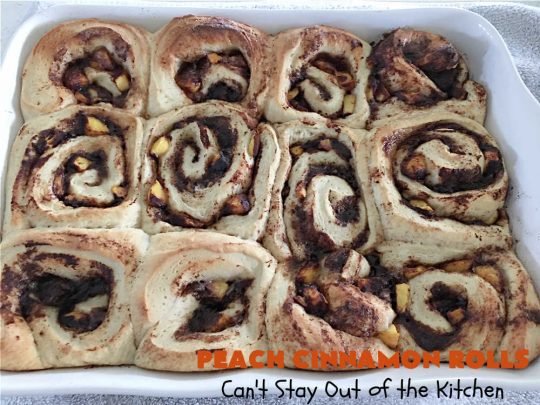 Peach Cinnamon Rolls | Can't Stay Out of the Kitchen | these #CinnamonRolls will rock your world! Perfect for a #holiday #breakfast or #brunch like #Thanksgiving, #Christmas or #Easter. Family & friends will love these rolls. #peaches #PeachCinnamonRolls