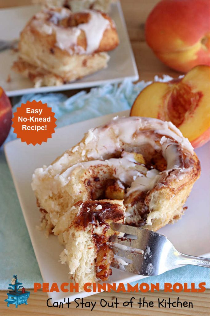 Peach Cinnamon Rolls | Can't Stay Out of the Kitchen | these #CinnamonRolls will rock your world! Perfect for a #holiday #breakfast or #brunch like #Thanksgiving, #Christmas or #Easter. Family & friends will love these rolls. #peaches #PeachCinnamonRolls