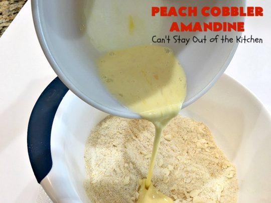 Peach Cobbler Amandine | Can't Stay Out of the Kitchen | this delightful #PeachCobbler #recipe uses #almonds, almond extract & almond meal to really bump up the flavors. It's a scrumptious #dessert to make with fresh #peaches. #PeachDessert #PeachCobblerAmandine #Canbassador #WashingtonStateFruitCommission #WashingtonStoneFruitGrowers #WashingtonStateStoneFruitGrowers