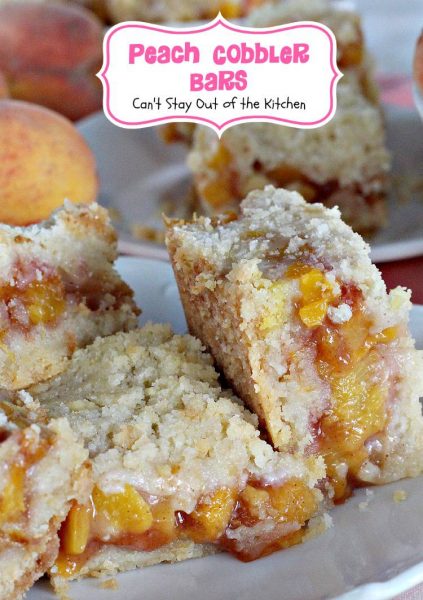 Peach Cobbler Bars | Can't Stay Out of the Kitchen | these amazing #cookies taste like eating #peachcobbler in #brownie form! Yum. #peaches #dessert