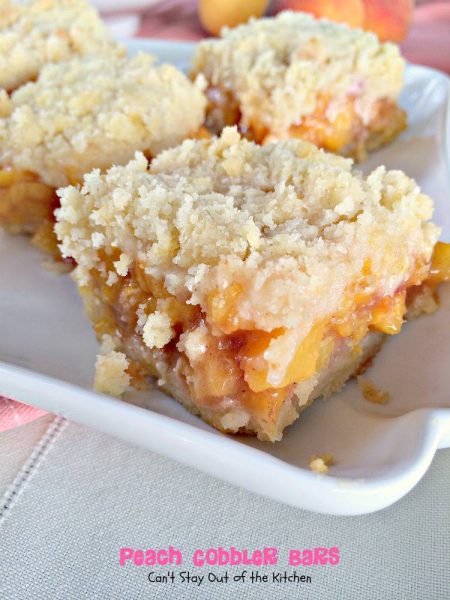 Peach Cobbler Bars | Can't Stay Out of the Kitchen | these amazing #cookies taste like eating #peachcobbler in #brownie form! Yum. #peaches #dessert