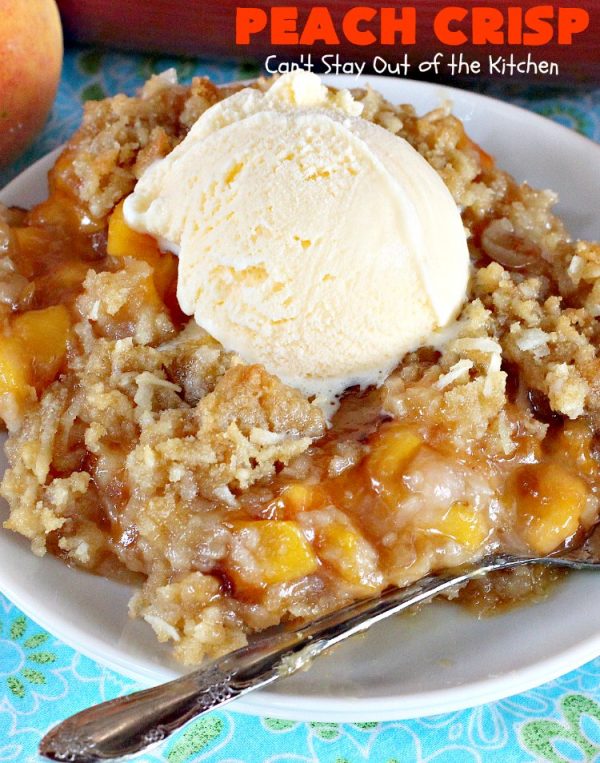 Peach Crisp | Can't Stay Out of the Kitchen | our company raved over this amazing #dessert. The streusel crust & topping is made with #coconut & it has an easy homemade #peach filling in the middle. It's the perfect dessert for summer #holidays, #BBQs & potlucks. #Father'sDay #FourthofJuly