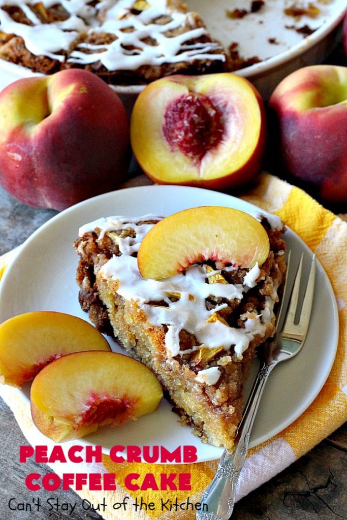 Peach Crumb Coffee Cake | Can't Stay Out of the Kitchen | this scrumptious coffee #cake is filled with #peaches, has a #cinnamon & brown sugar streusel, then it's glazed with powdered sugar icing. It's terrific either as a #breakfast #coffeecake for #holidays like #Thanksgiving or #Christmas or serve as a #dessert. #peachcake #peachdessert #CANbassador #WashingtonStateFruitCommission #WashingtonStateStoneFruitGrowers