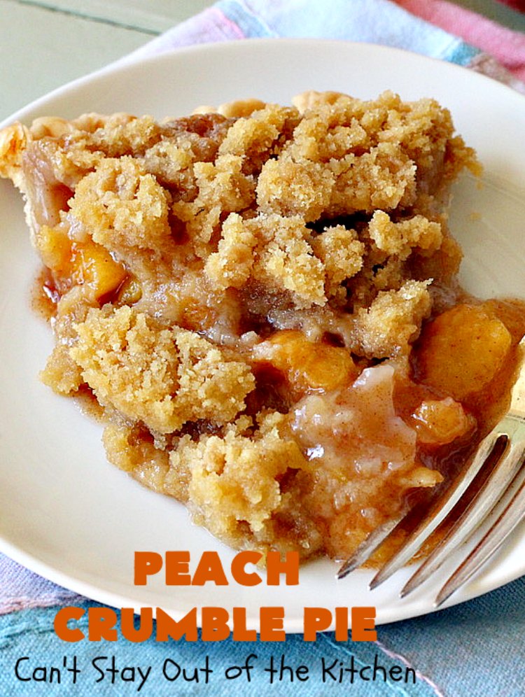 Peach Crumble Pie | Can't Stay Out of the Kitchen | this scrumptious #PeachPie is so quick & easy to make. It's a delicious way to enjoy fresh #peaches while they're still in season. This great #dessert will have you drooling from the first bite. #PeachDessert #Pie #PeachCrumblePie #Canbassador #WashingtonStateFruitCommission #WashingtonStoneFruitGrowers #WashingtonStateStoneFruitGrowers