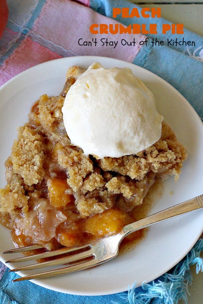 Peach Crumble Pie | Can't Stay Out of the Kitchen | this scrumptious #PeachPie is so quick & easy to make. It's a delicious way to enjoy fresh #peaches while they're still in season. This great #dessert will have you drooling from the first bite. #PeachDessert #Pie #PeachCrumblePie #Canbassador #WashingtonStateFruitCommission #WashingtonStoneFruitGrowers #WashingtonStateStoneFruitGrowers