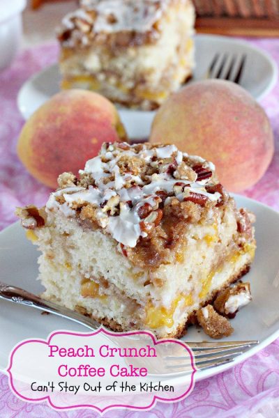 Peach Crunch Coffee Cake | Can't Stay Out of the Kitchen | lovely layered #coffeecake with #peaches #streusel #pecans and a powdered sugar glaze. This one starts with #Bisquick. #breakfast #dessert