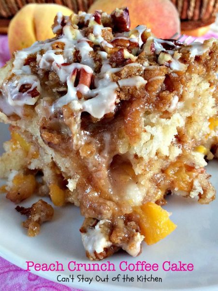 Peach Crunch Coffee Cake | Can't Stay Out of the Kitchen | lovely layered #coffeecake with #peaches #streusel #pecans and a powdered sugar glaze. This one starts with #Bisquick. #breakfast #dessert