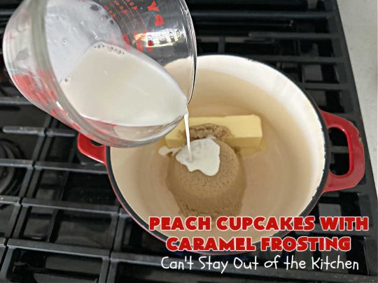 Peach Cupcakes with Caramel Frosting | Can't Stay Out of the Kitchen | these fabulous #cupcakes include fresh #peaches, #applesauce & #bananas in the batter. Then they're topped with a dreamy #CaramelFrosting. You'll be captivated and swooning over every bite. #dessert #PeachDessert #PeachCupcakes #PeachCupcakesWithCaramelFrosting