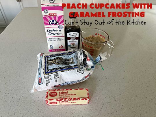 Peach Cupcakes with Caramel Frosting | Can't Stay Out of the Kitchen | these fabulous #cupcakes include fresh #peaches, #applesauce & #bananas in the batter. Then they're topped with a dreamy #CaramelFrosting. You'll be captivated and swooning over every bite. #dessert #PeachDessert #PeachCupcakes #PeachCupcakesWithCaramelFrosting