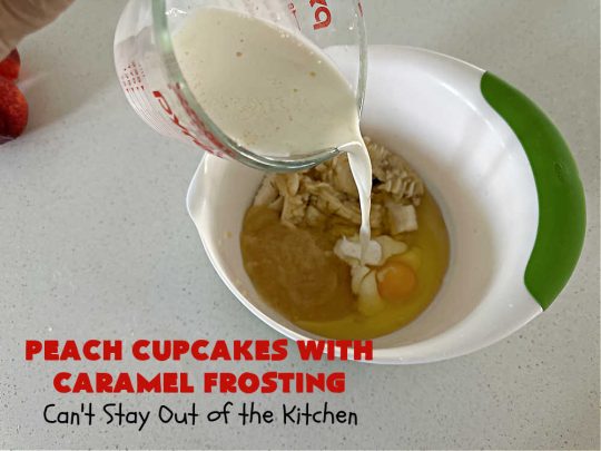 Peach Cupcakes with Caramel Frosting | Can't Stay Out of the Kitchen | these fabulous #cupcakes include fresh #peaches, #applesauce & #bananas in the batter. Then they're topped with a dreamy #CaramelFrosting. You'll be captivated and swooning over every bite. #dessert #PeachDessert #PeachCupcakes #PeachCupcakesWithCaramelFrosting