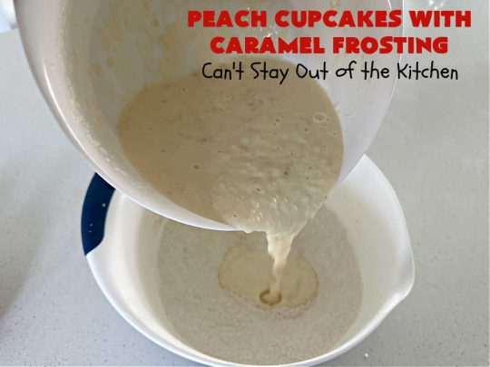 Peach Cupcakes with Caramel Frosting | Can't Stay Out of the Kitchen | these fabulous #cupcakes include fresh #peaches, #applesauce & #bananas in the batter. Then they're topped with a dreamy #CaramelFrosting. You'll be captivated and swooning over every bite. #dessert #PeachDessert #PeachCupcakes #PeachCupcakesWithCaramelFrosting